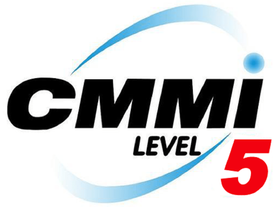 CMMI Level 5 certification logo featuring bold black 'CMMI' text, 'LEVEL' in black, and a large red number '5' with blue swoosh graphics on a white background, representing the highest level of Capability Maturity Model Integration process maturity.
